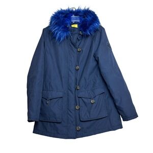 Prince & Fox Parka‎ Jacket Womens Large L Navy Blue Faux Fur Hood Colorful Cozy
